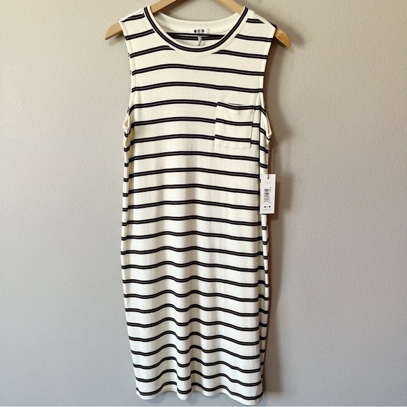 Three Dots Size Medium Striped Long Weekender Tank Dress Midi Ivory NEW - Picture 4 of 13